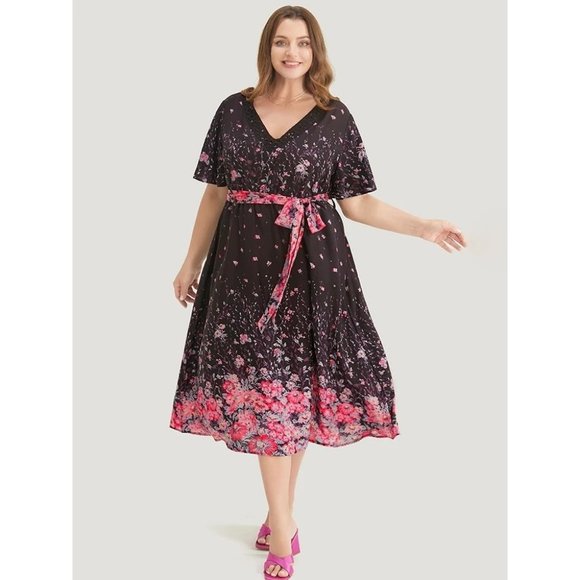 Bloomchic Floral Butterfly Print Pocket Belted Ruffles Dress Black Pink 14-16 - Picture 1 of 8